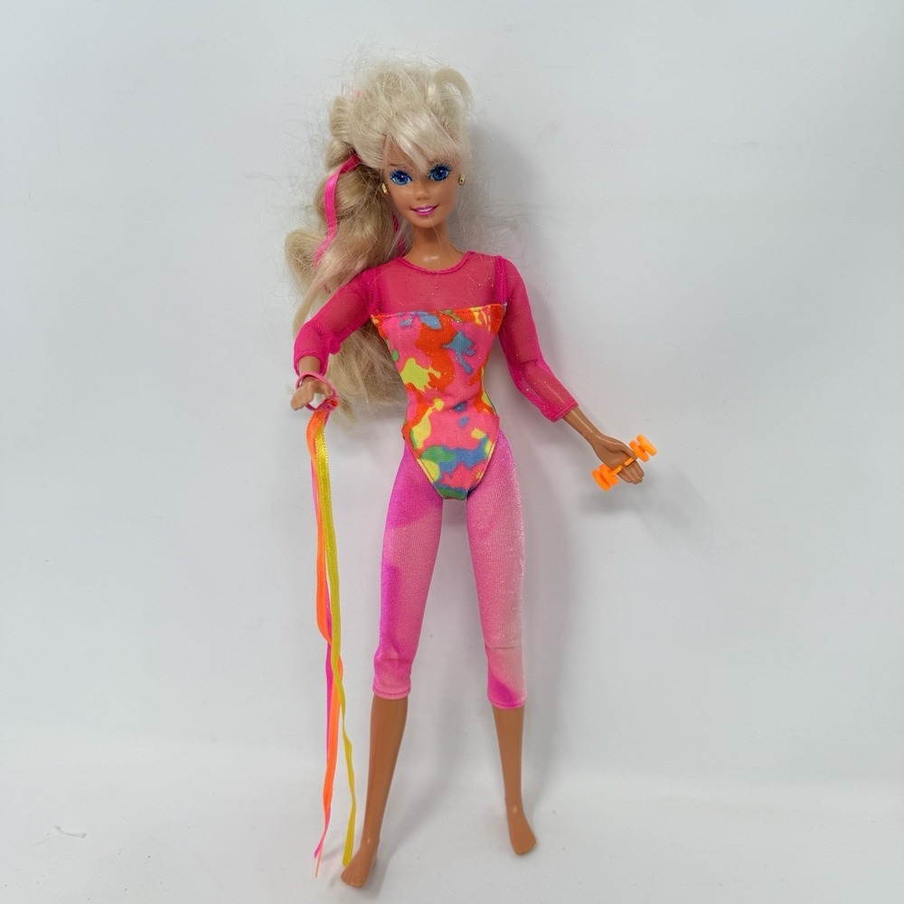 Gymnast Barbie Doll 1993 Mattel Pink Leotard with Weight & Ribbon Accessories